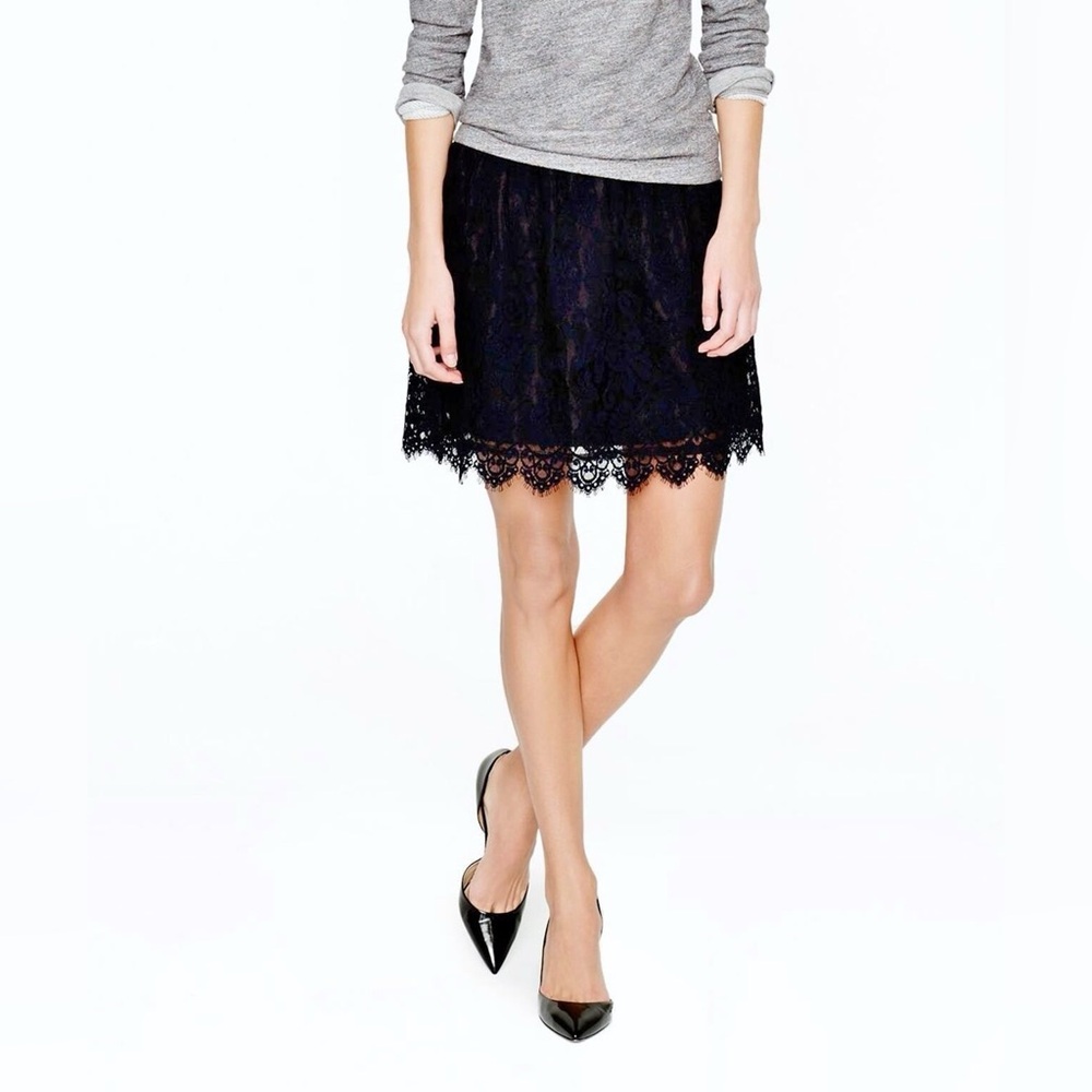 J. Crew Leavers Scalloped Hem A-Line Lace Mini Skirt in Navy & Black Size 10 - Picture 2 of 5